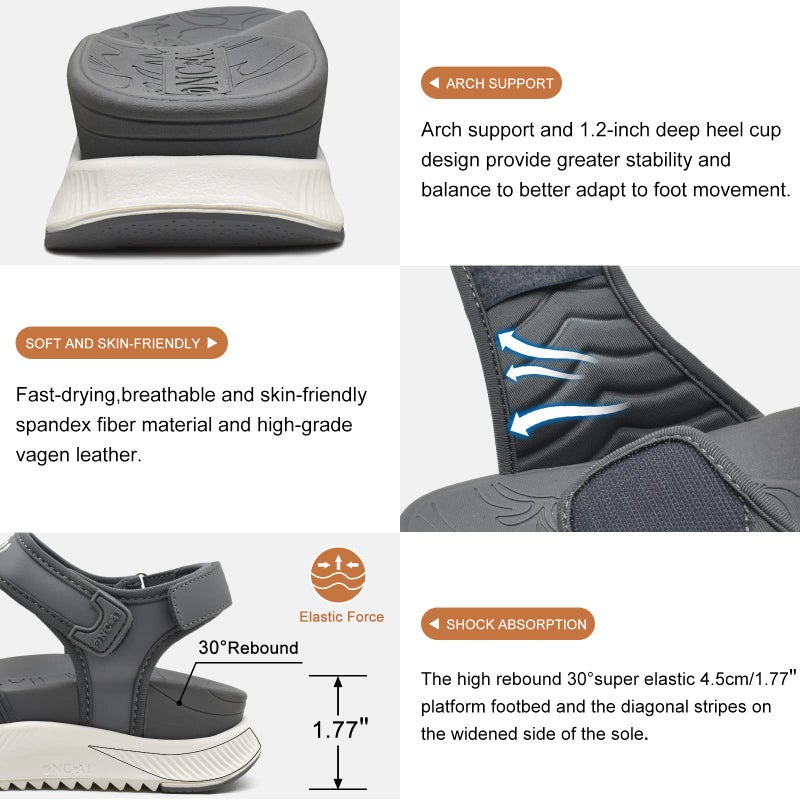 ONCAI Walking Sandals Women,Arch Support Hiking Sandals with Orthotic Outdoor Footbed for Plantar Fasciitis,Water Athletic Platform Sandalias Mujer with 3 Adjustable Strap Grey/White Size 8.5 - Image 2